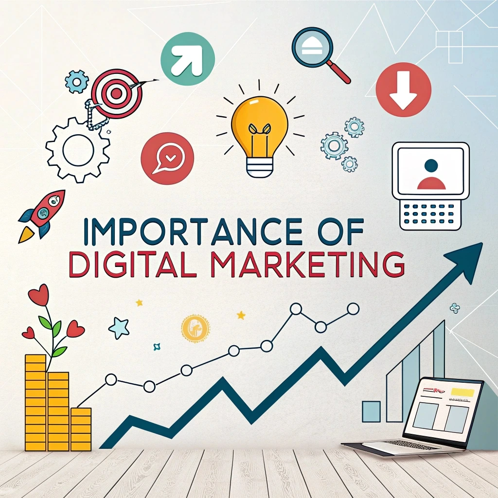 Infographic illustrating the importance of digital marketing, highlighting key benefits such as increased brand visibility, targeted audience reach, improved sales and customer engagement, cost-effectiveness, measurable ROI, and building trust through online reviews and social media interactions